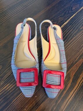 Chinese Laundry Plaid Slingback Flats with Red Buckle